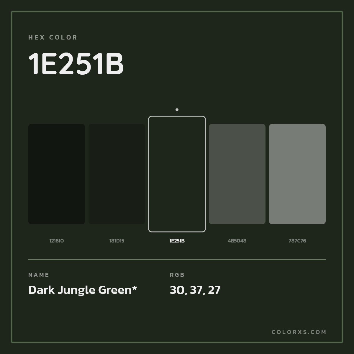 #1E251B hex color. RGB, RYB, CMYK, HSL, HSV codes and color conversions. Matching color names, palettes, paints.
