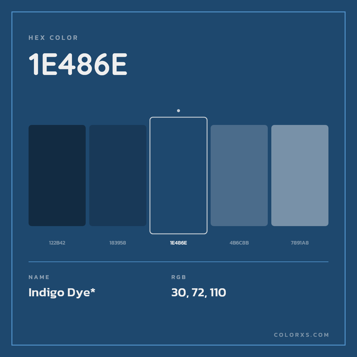 #1E486E hex color. RGB, RYB, CMYK, HSL, HSV codes and color conversions. Matching color names, palettes, paints.