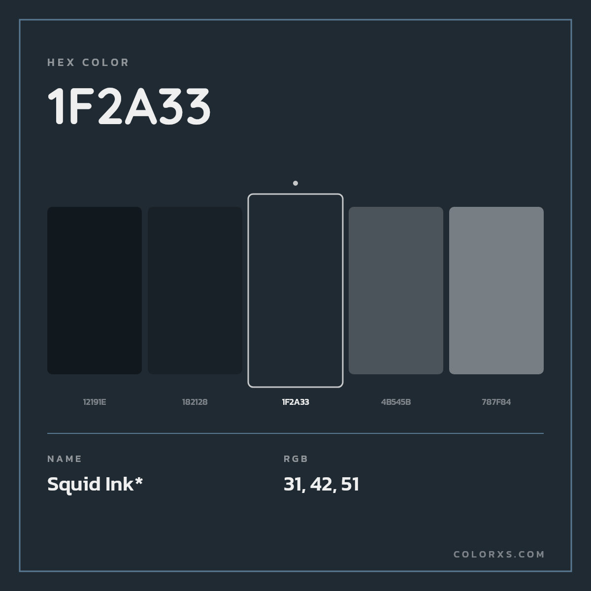 #1F2A33 hex color. RGB, RYB, CMYK, HSL, HSV codes and color conversions. Matching color names, palettes, paints.