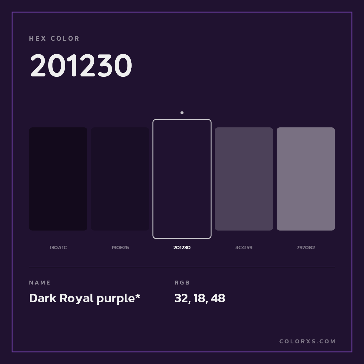 #201230 hex color. RGB, RYB, CMYK, HSL, HSV codes and color conversions. Matching color names, palettes, paints.
