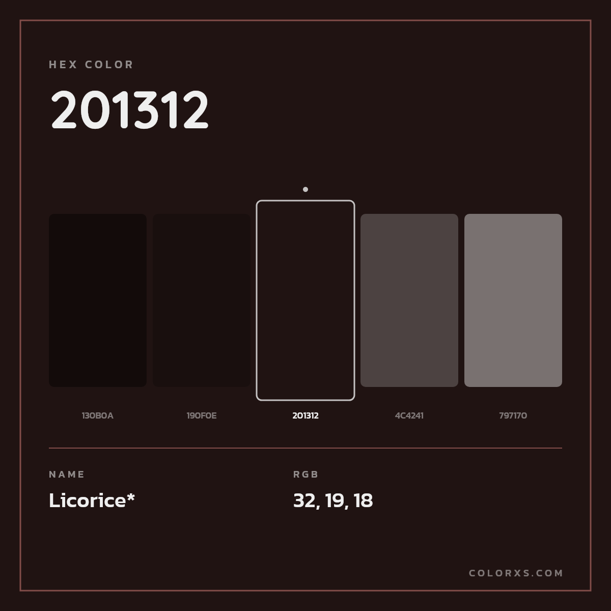#201312 hex color. RGB, RYB, CMYK, HSL, HSV codes and color conversions. Matching color names, palettes, paints.