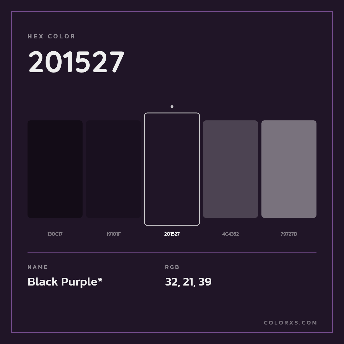 #201527 hex color. RGB, RYB, CMYK, HSL, HSV codes and color conversions. Matching color names, palettes, paints.