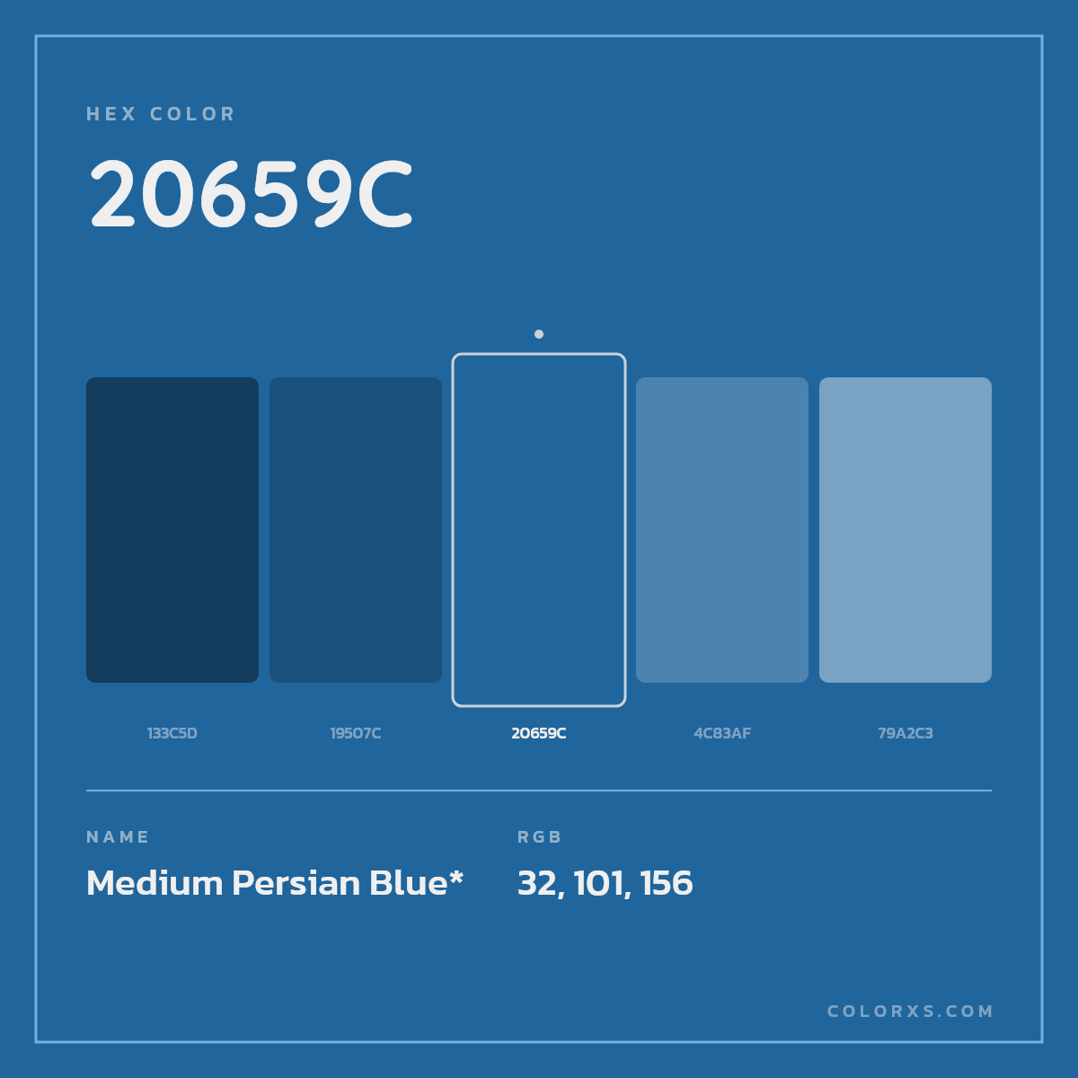 #20659C hex color. RGB, RYB, CMYK, HSL, HSV codes and color conversions. Matching color names, palettes, paints.