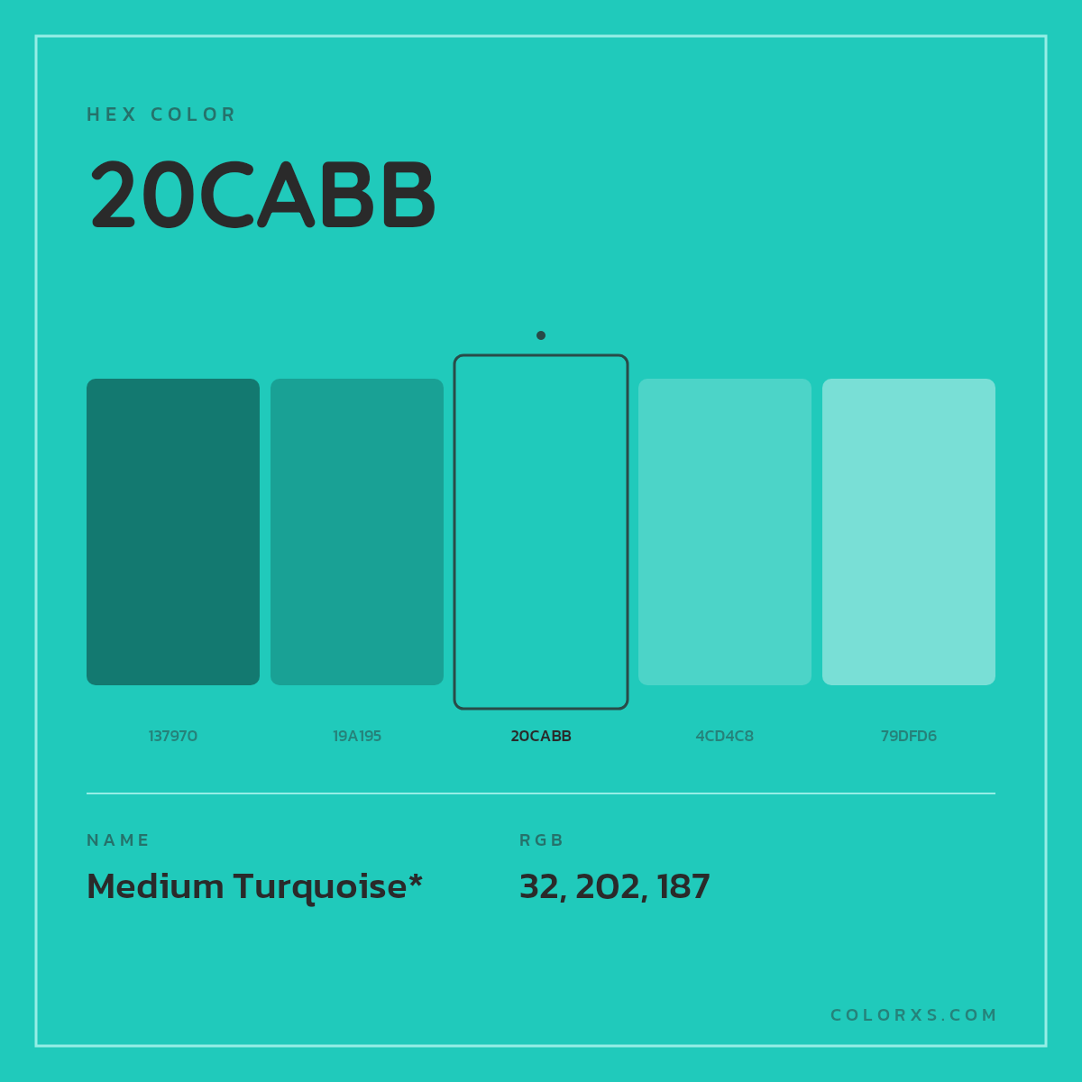 #20CABB hex color. RGB, RYB, CMYK, HSL, HSV codes and color conversions. Matching color names, palettes, paints.
