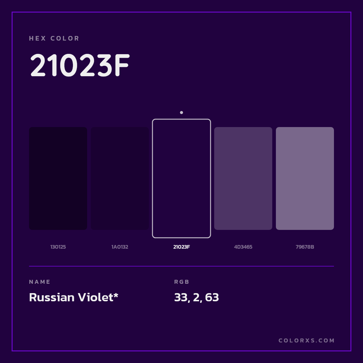 #21023F hex color. RGB, RYB, CMYK, HSL, HSV codes and color conversions. Matching color names, palettes, paints.