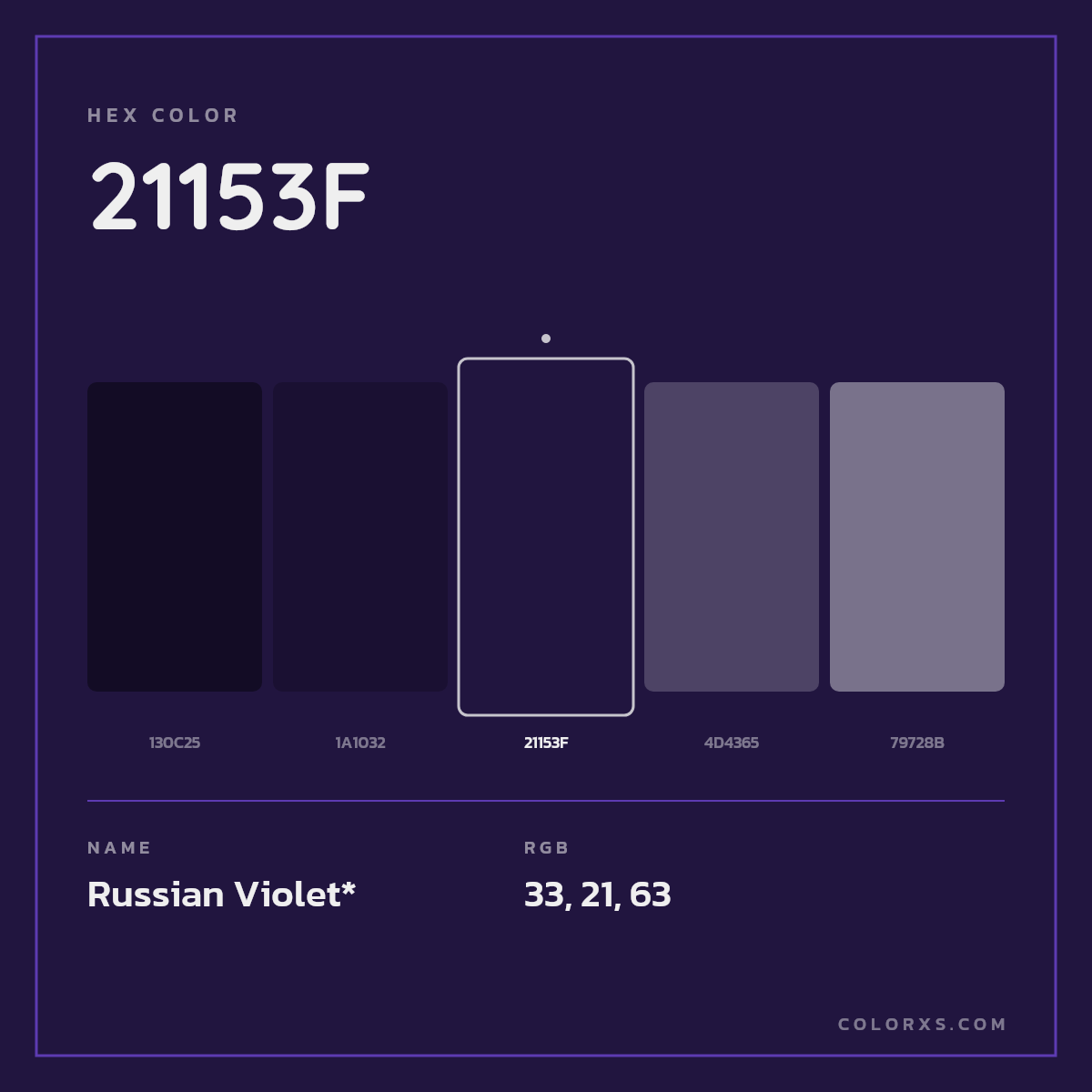 #21153F hex color. RGB, RYB, CMYK, HSL, HSV codes and color conversions. Matching color names, palettes, paints.