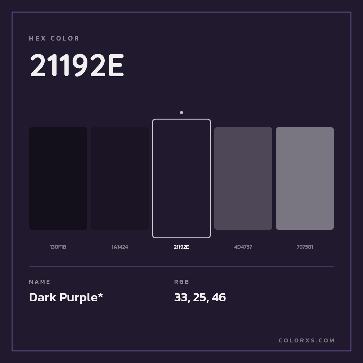 #21192E hex color. RGB, RYB, CMYK, HSL, HSV codes and color conversions. Matching color names, palettes, paints.