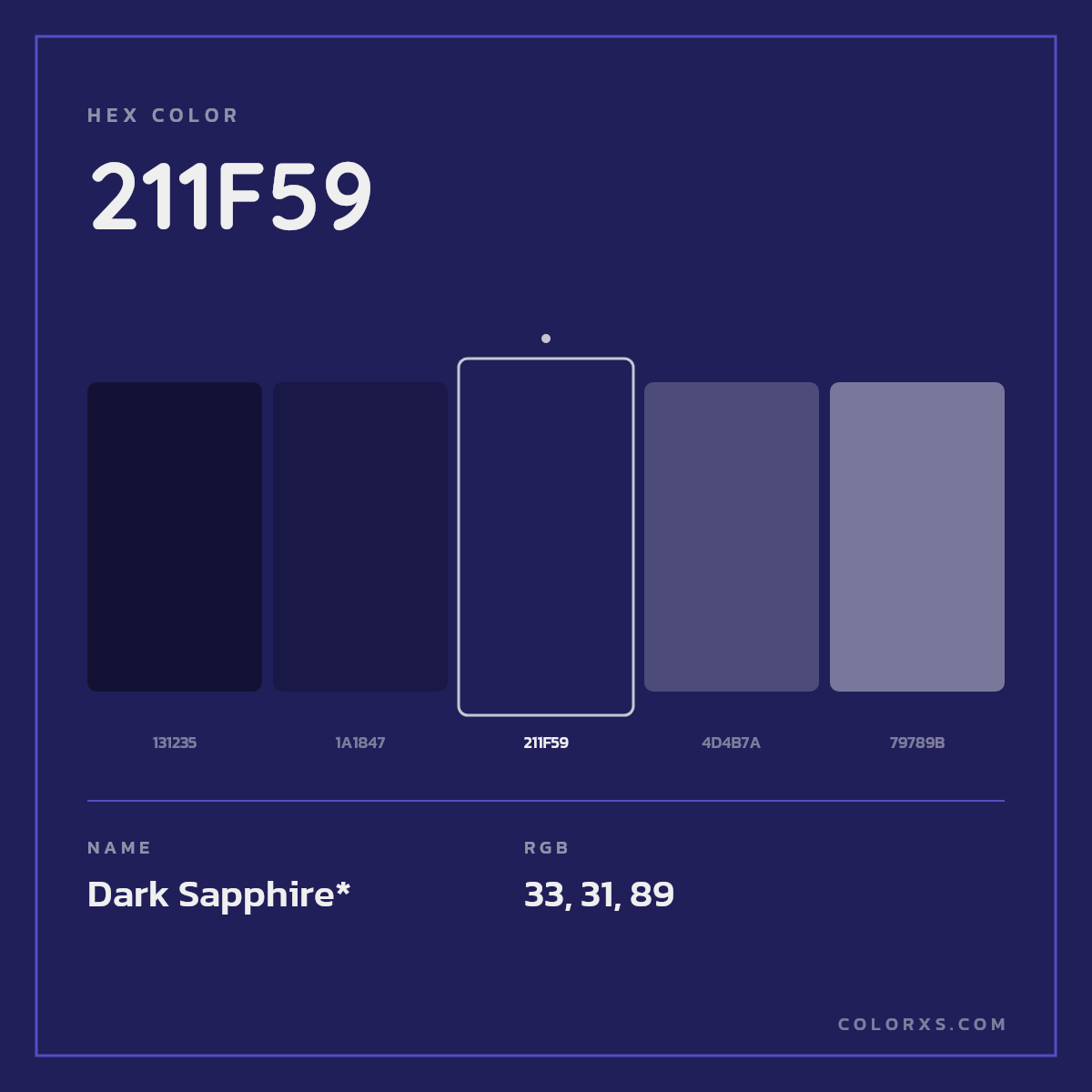 #211F59 hex color. RGB, RYB, CMYK, HSL, HSV codes and color conversions. Matching color names, palettes, paints.