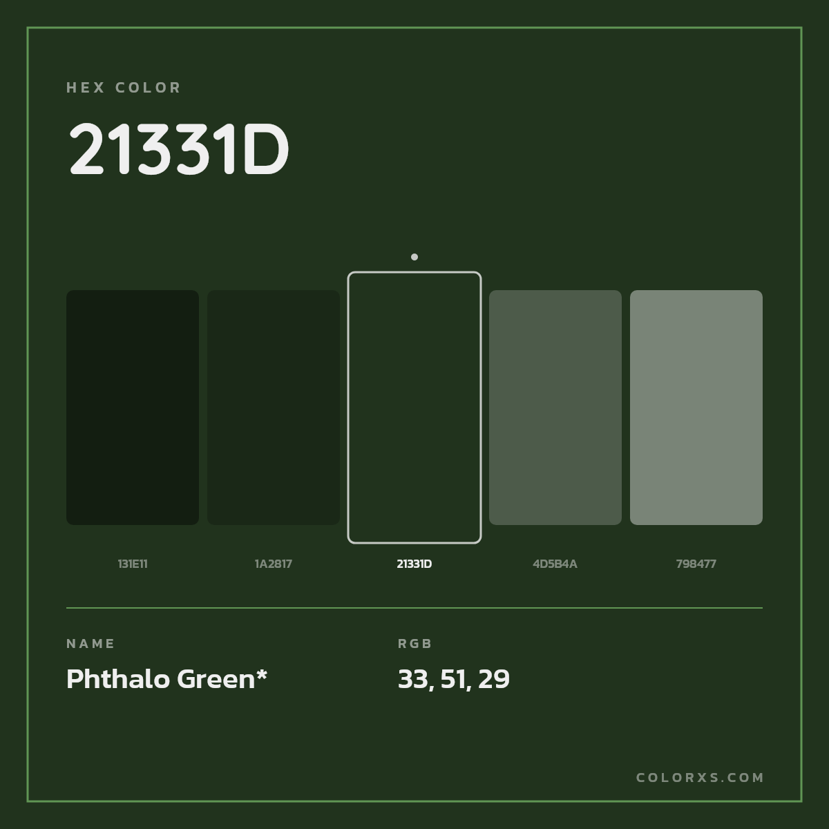 #21331D hex color. RGB, RYB, CMYK, HSL, HSV codes and color conversions. Matching color names, palettes, paints.