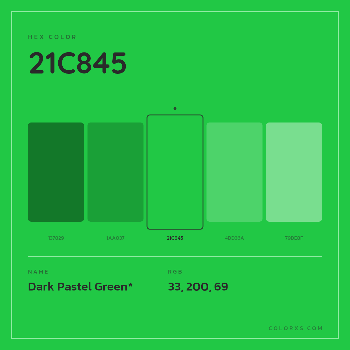 #21C845 hex color. RGB, RYB, CMYK, HSL, HSV codes and color conversions. Matching color names, palettes, paints.