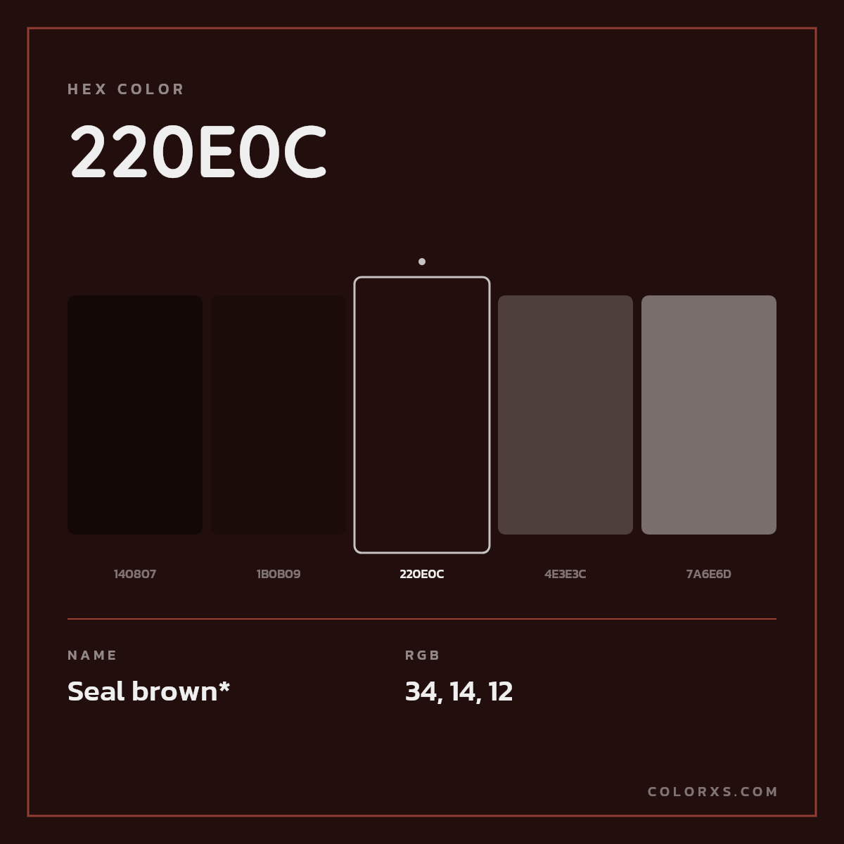 #220E0C hex color. RGB, RYB, CMYK, HSL, HSV codes and color conversions. Matching color names, palettes, paints.