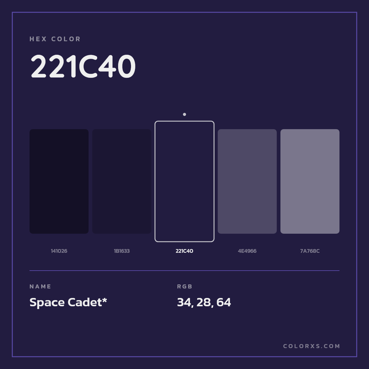 #221C40 hex color. RGB, RYB, CMYK, HSL, HSV codes and color conversions. Matching color names, palettes, paints.