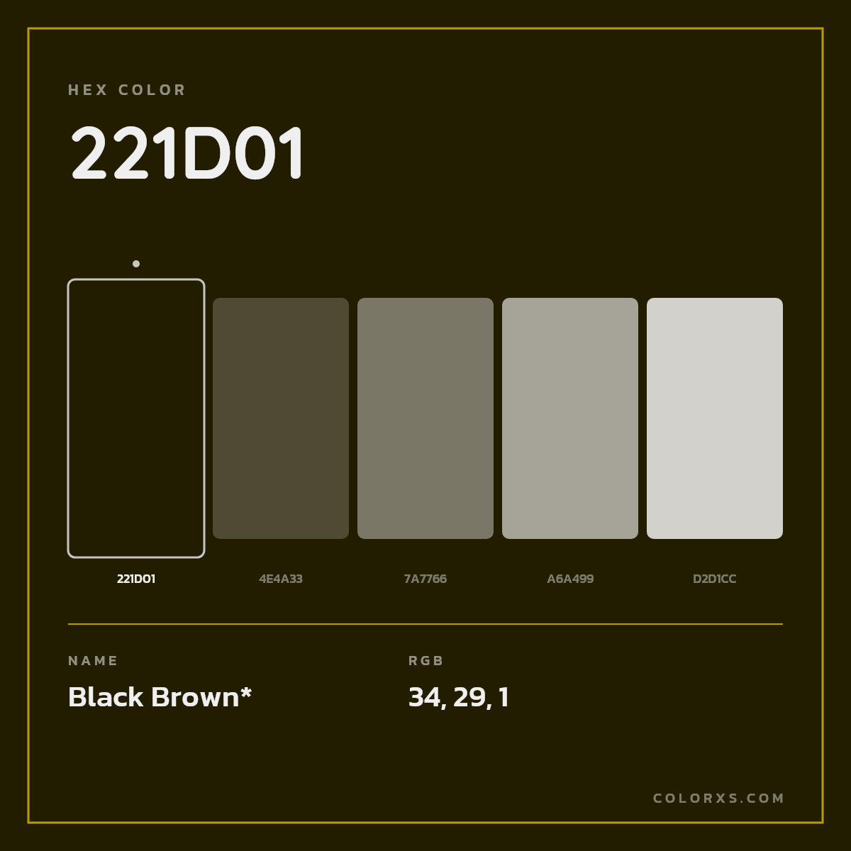 #221D01 hex color. RGB, RYB, CMYK, HSL, HSV codes and color conversions. Matching color names, palettes, paints.