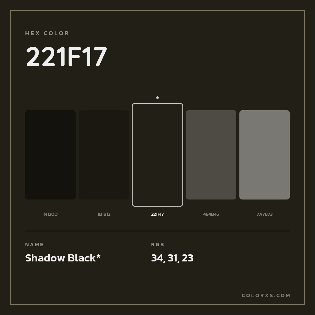 #221F17 hex color. RGB, RYB, CMYK, HSL, HSV codes and color conversions. Matching color names, palettes, paints.