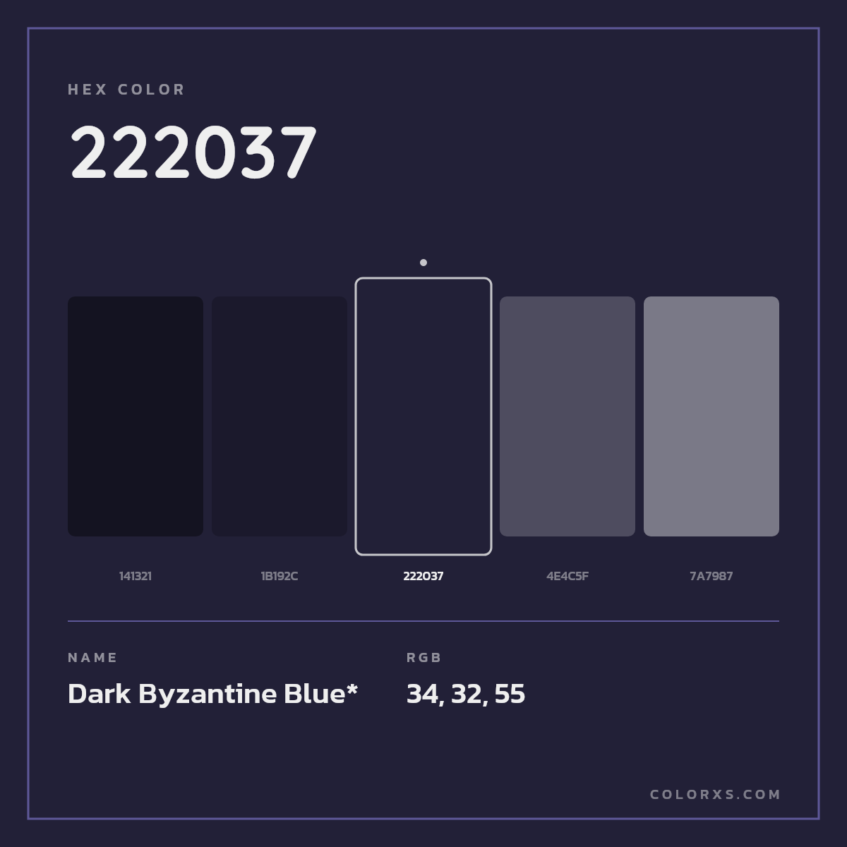 #222037 hex color. RGB, RYB, CMYK, HSL, HSV codes and color conversions. Matching color names, palettes, paints.
