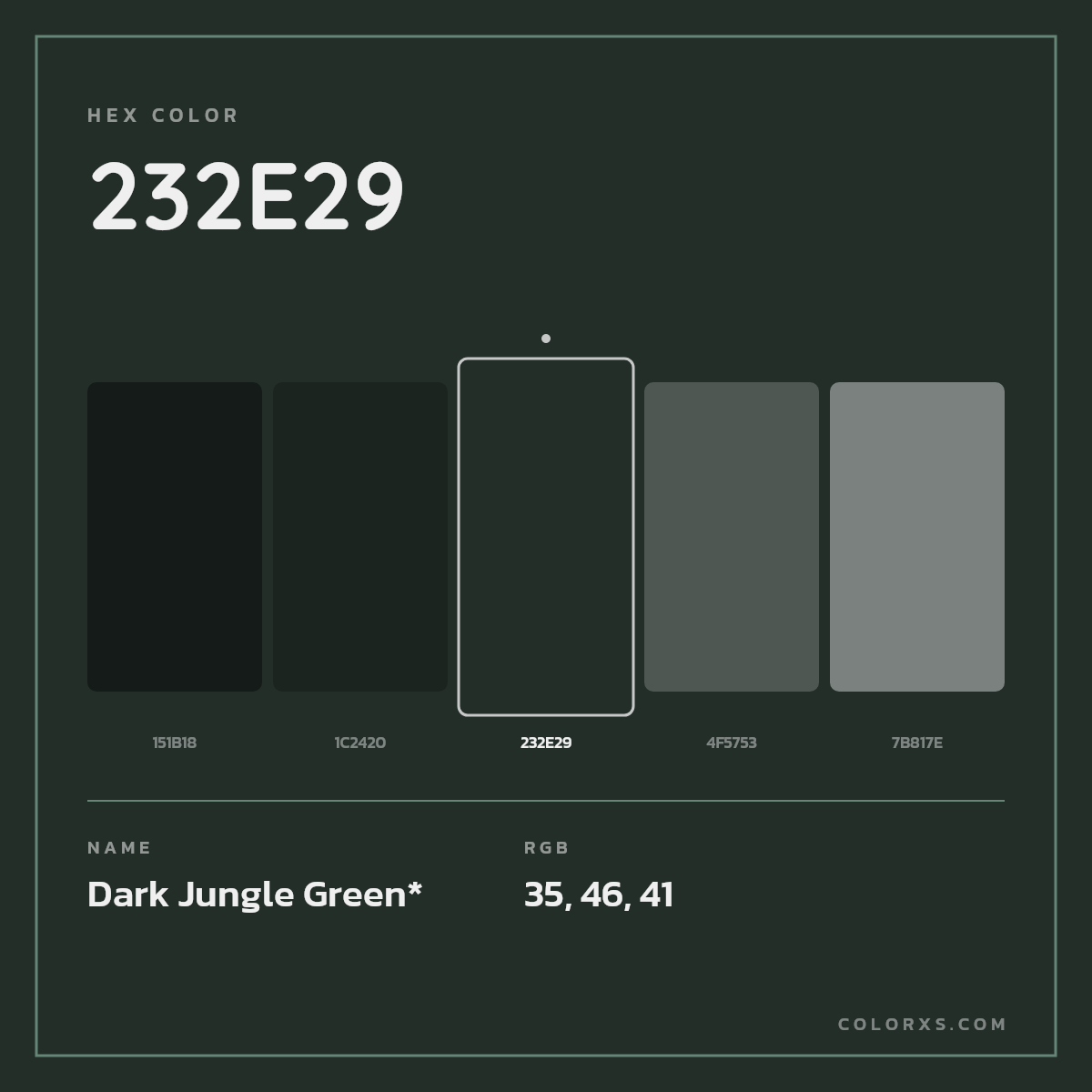 #232E29 hex color. RGB, RYB, CMYK, HSL, HSV codes and color conversions. Matching color names, palettes, paints.