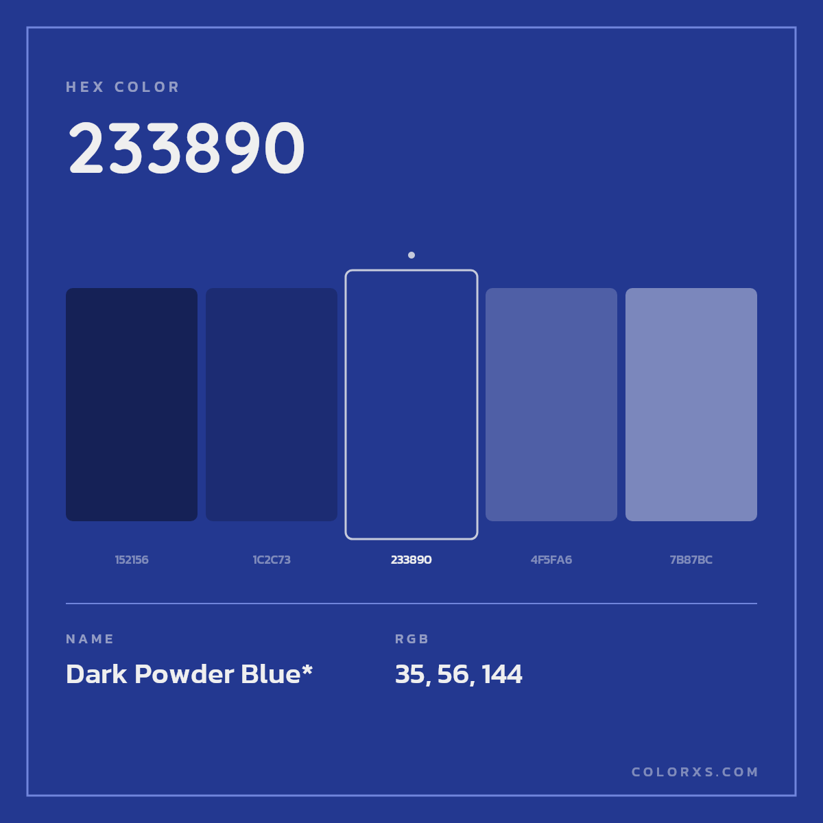 #233890 hex color. RGB, RYB, CMYK, HSL, HSV codes and color conversions. Matching color names, palettes, paints.