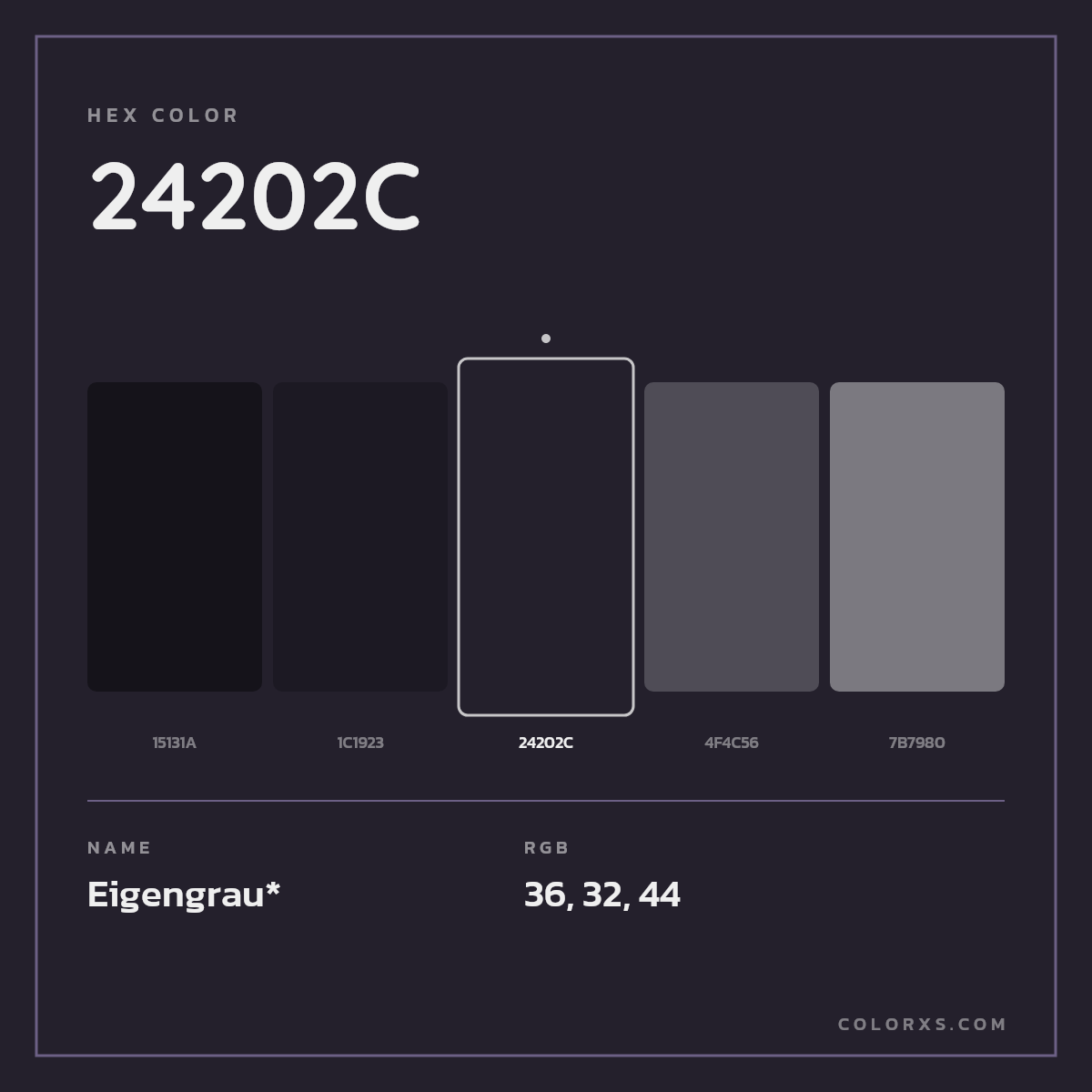 #24202C hex color. RGB, RYB, CMYK, HSL, HSV codes and color conversions. Matching color names, palettes, paints.