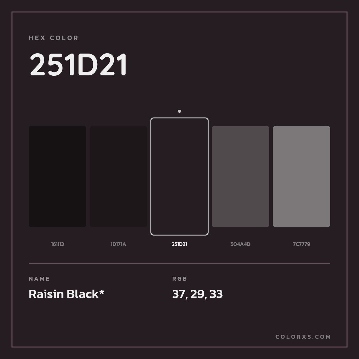 #251D21 hex color. RGB, RYB, CMYK, HSL, HSV codes and color conversions. Matching color names, palettes, paints.