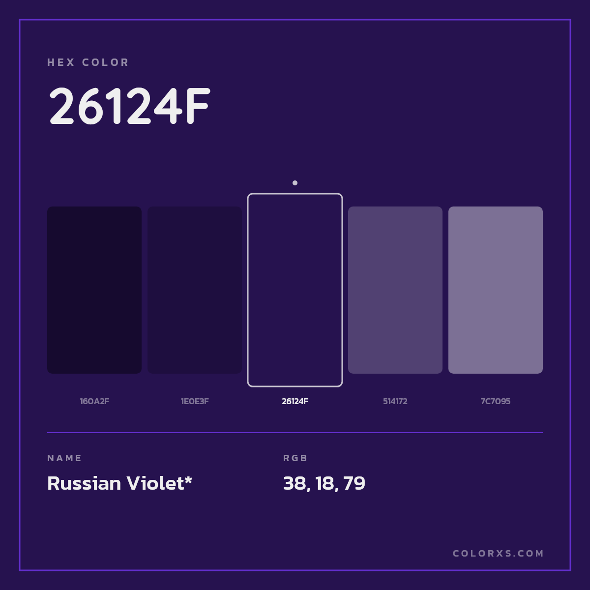 #26124F hex color. RGB, RYB, CMYK, HSL, HSV codes and color conversions. Matching color names, palettes, paints.