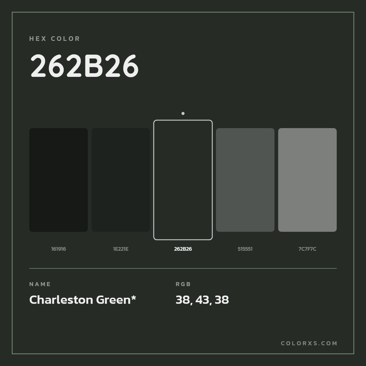#262B26 hex color. RGB, RYB, CMYK, HSL, HSV codes and color conversions. Matching color names, palettes, paints.