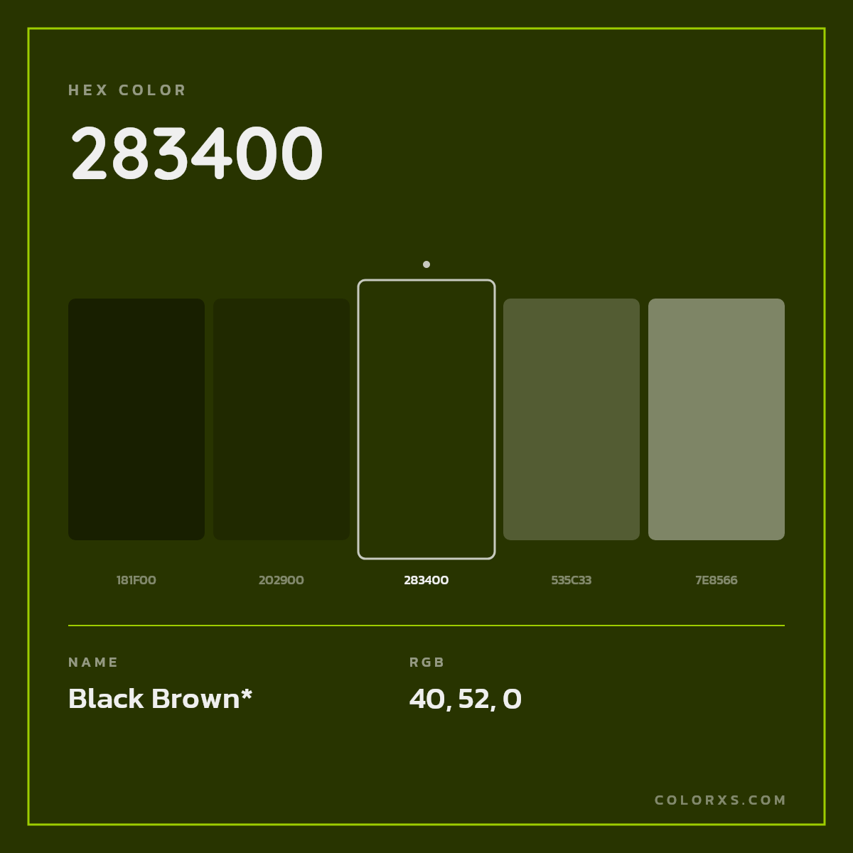 #283400 hex color. RGB, RYB, CMYK, HSL, HSV codes and color conversions. Matching color names, palettes, paints.
