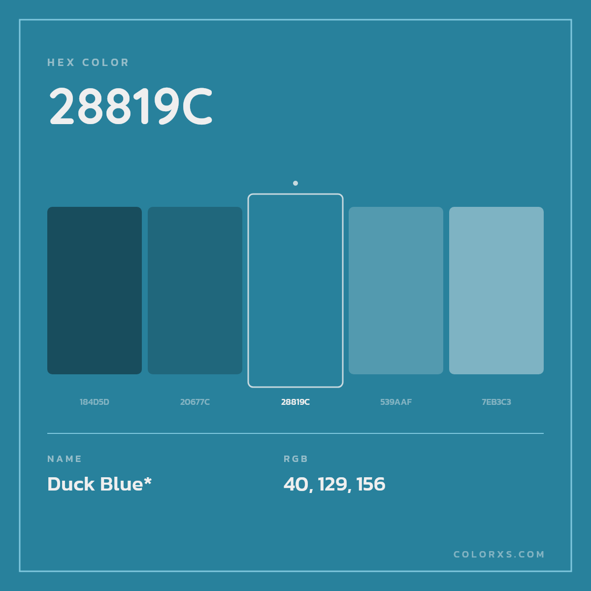 #28819C hex color. RGB, RYB, CMYK, HSL, HSV codes and color conversions. Matching color names, palettes, paints.