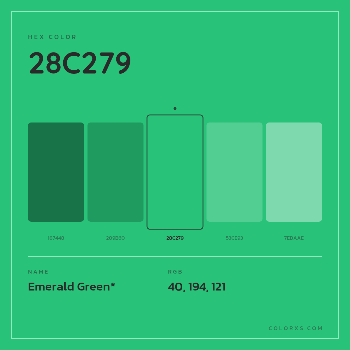 #28C279 hex color. RGB, RYB, CMYK, HSL, HSV codes and color conversions. Matching color names, palettes, paints.
