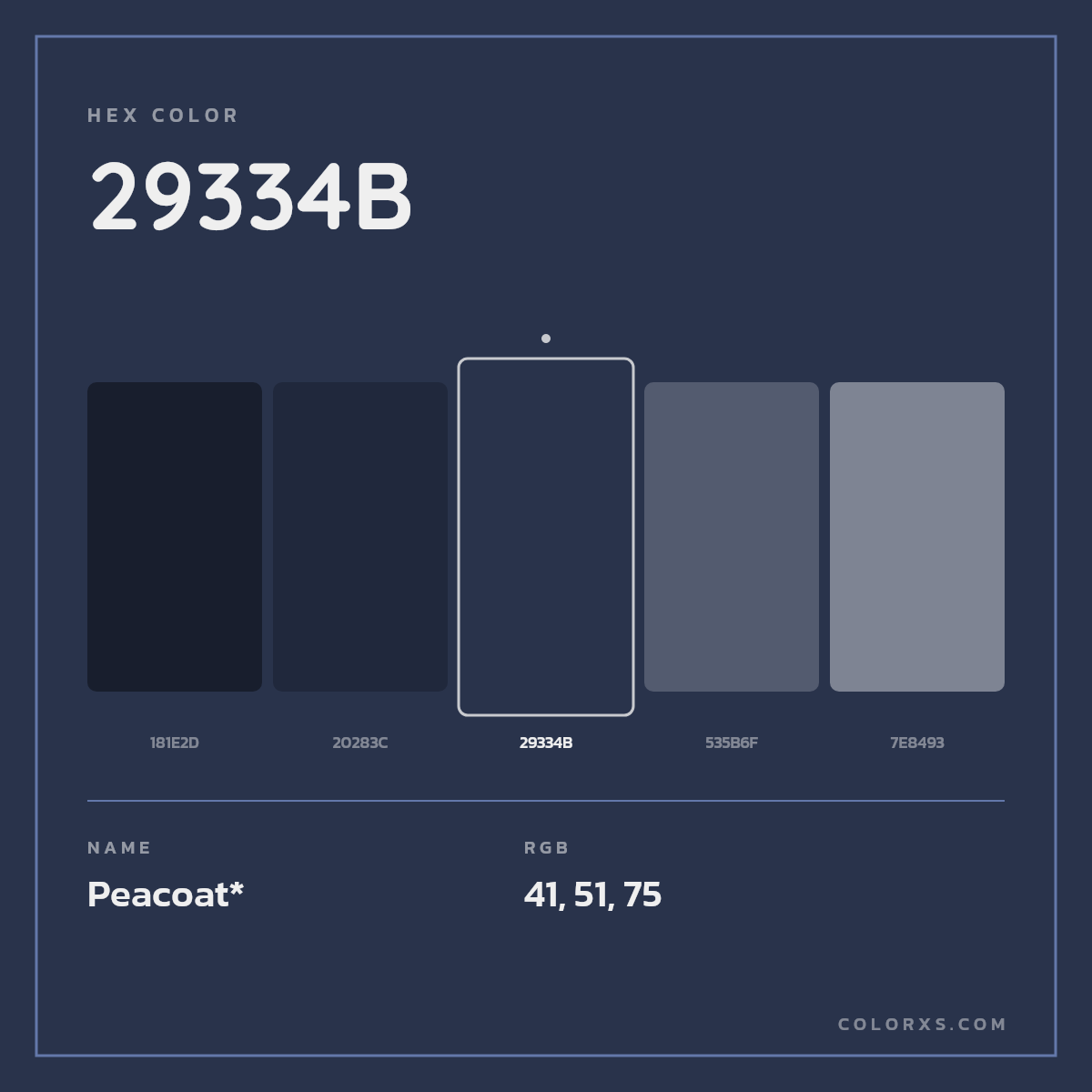#29334B hex color. RGB, RYB, CMYK, HSL, HSV codes and color conversions. Matching color names, palettes, paints.