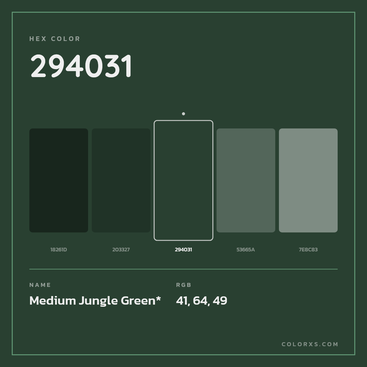 #294031 hex color. RGB, RYB, CMYK, HSL, HSV codes and color conversions. Matching color names, palettes, paints.