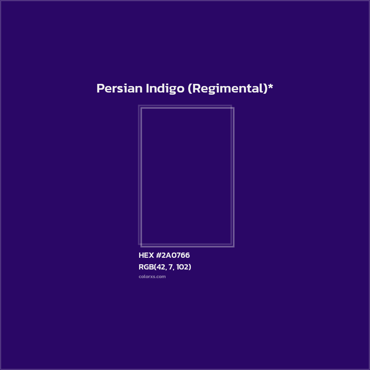 #2A0766 hex color. RGB, RYB, CMYK, HSL, HSV codes and color conversions. Matching color names, palettes, paints.