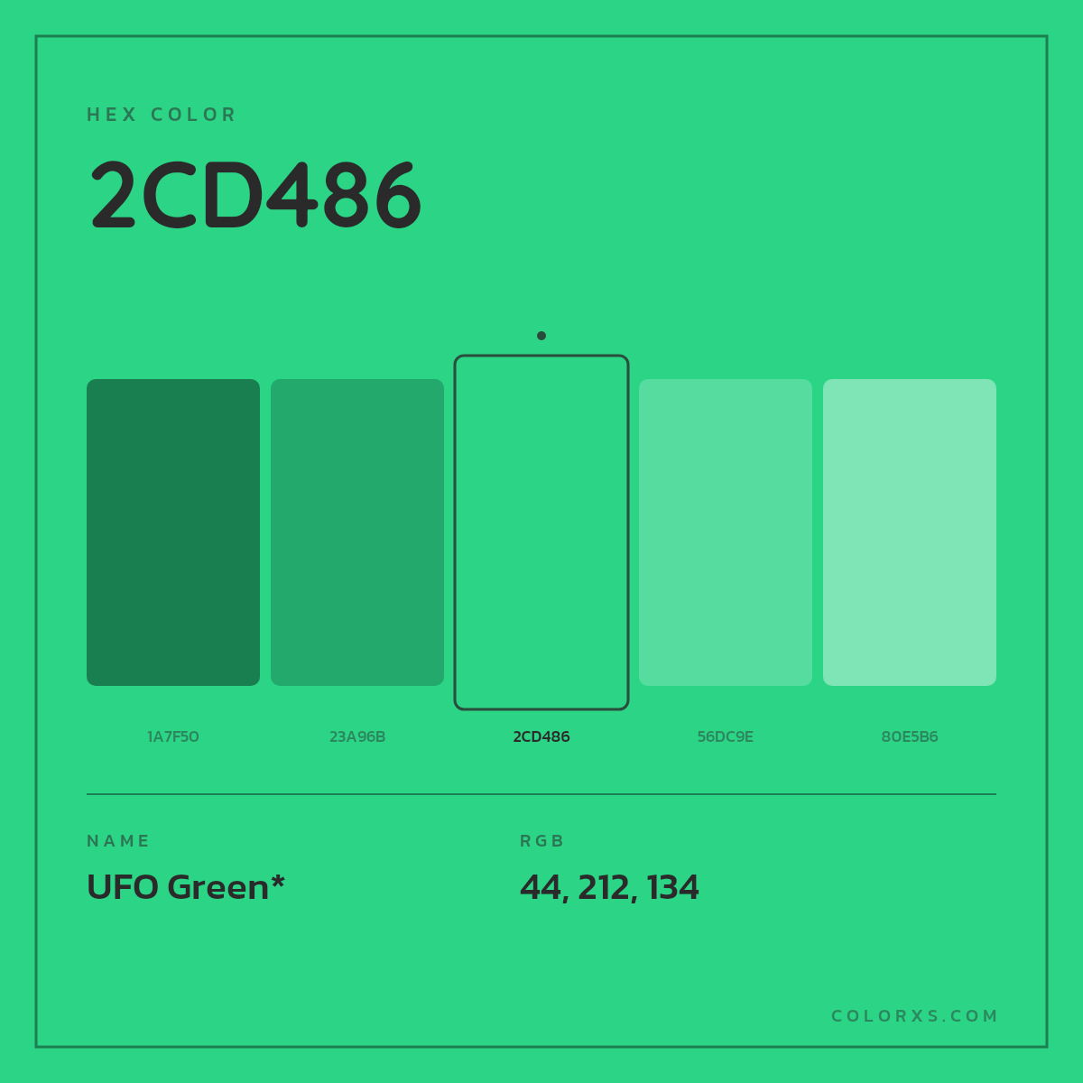 #2CD486 hex color. RGB, RYB, CMYK, HSL, HSV codes and color conversions. Matching color names, palettes, paints.