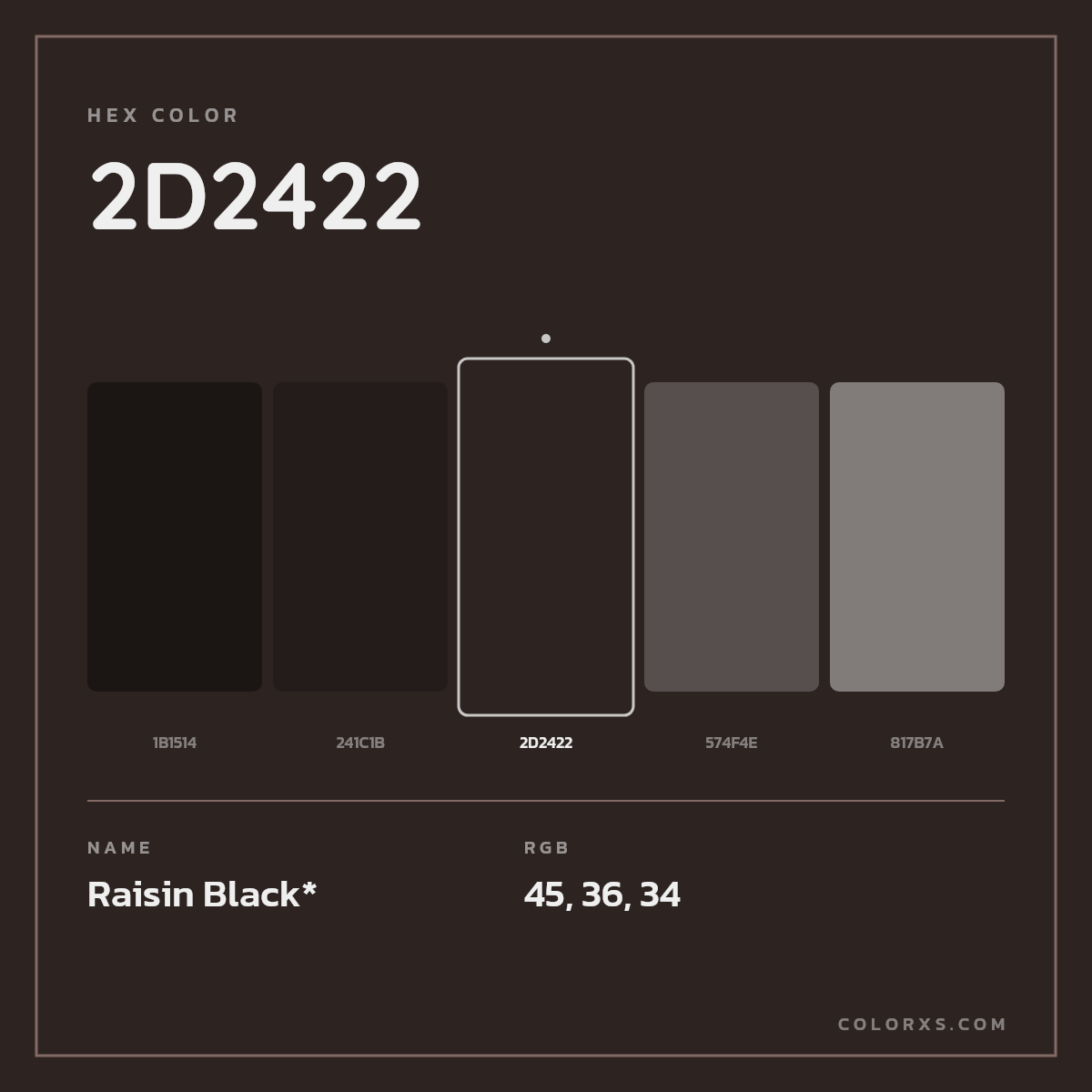 #2D2422 hex color. RGB, RYB, CMYK, HSL, HSV codes and color conversions. Matching color names, palettes, paints.