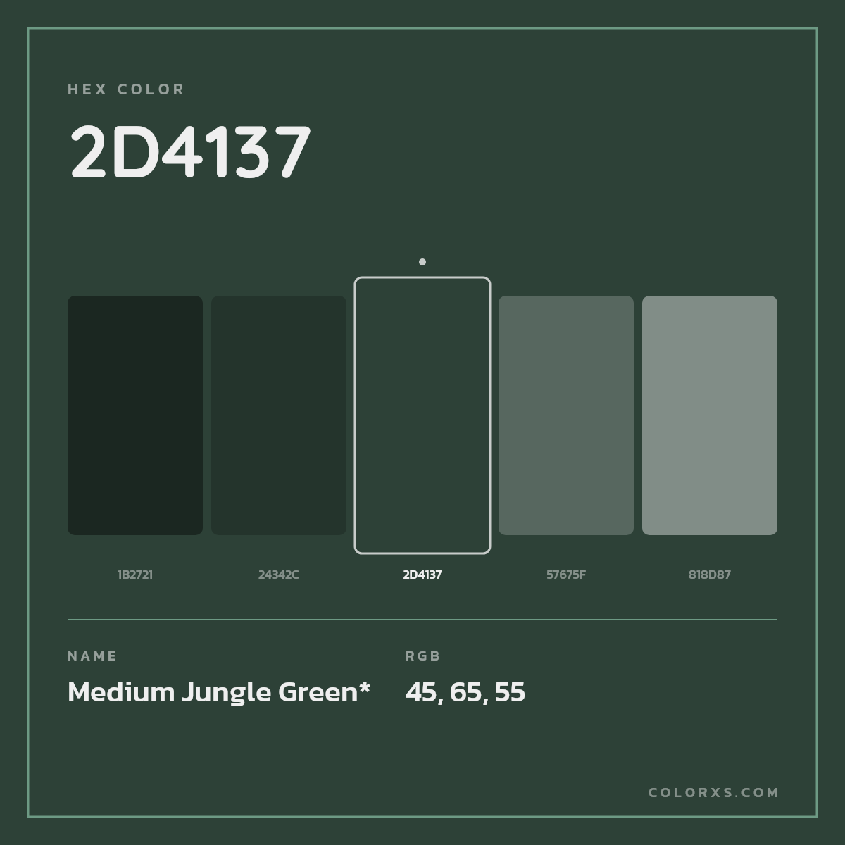 #2D4137 hex color. RGB, RYB, CMYK, HSL, HSV codes and color conversions. Matching color names, palettes, paints.