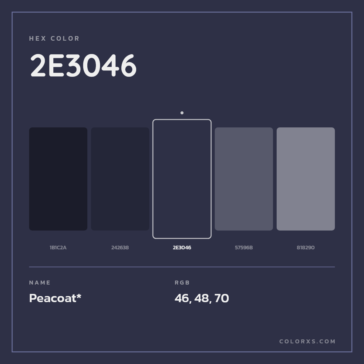 #2E3046 hex color. RGB, RYB, CMYK, HSL, HSV codes and color conversions. Matching color names, palettes, paints.