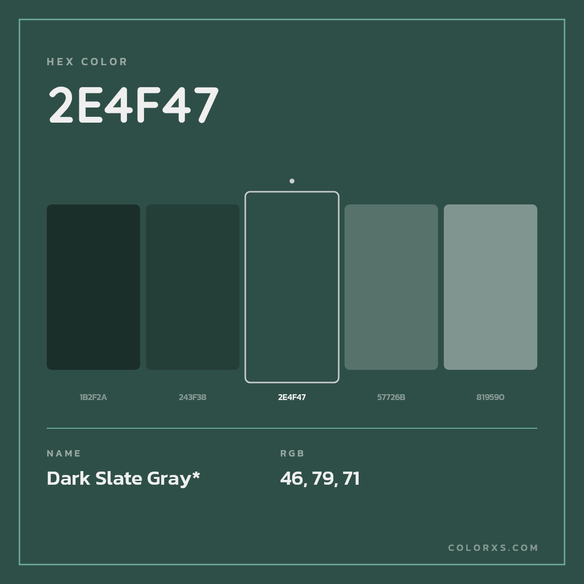 #2E4F47 hex color. RGB, RYB, CMYK, HSL, HSV codes and color conversions. Matching color names, palettes, paints.