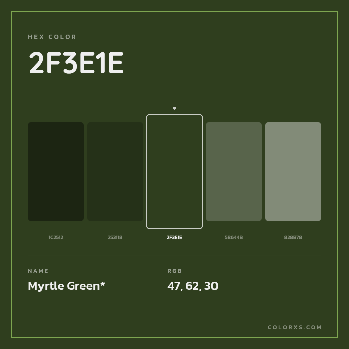 #2F3E1E hex color. RGB, RYB, CMYK, HSL, HSV codes and color conversions. Matching color names, palettes, paints.