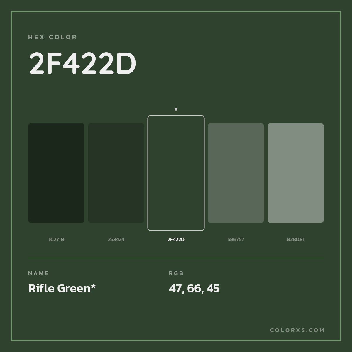 #2F422D hex color. RGB, RYB, CMYK, HSL, HSV codes and color conversions. Matching color names, palettes, paints.