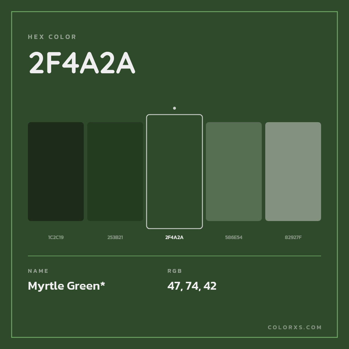 #2F4A2A hex color. RGB, RYB, CMYK, HSL, HSV codes and color conversions. Matching color names, palettes, paints.