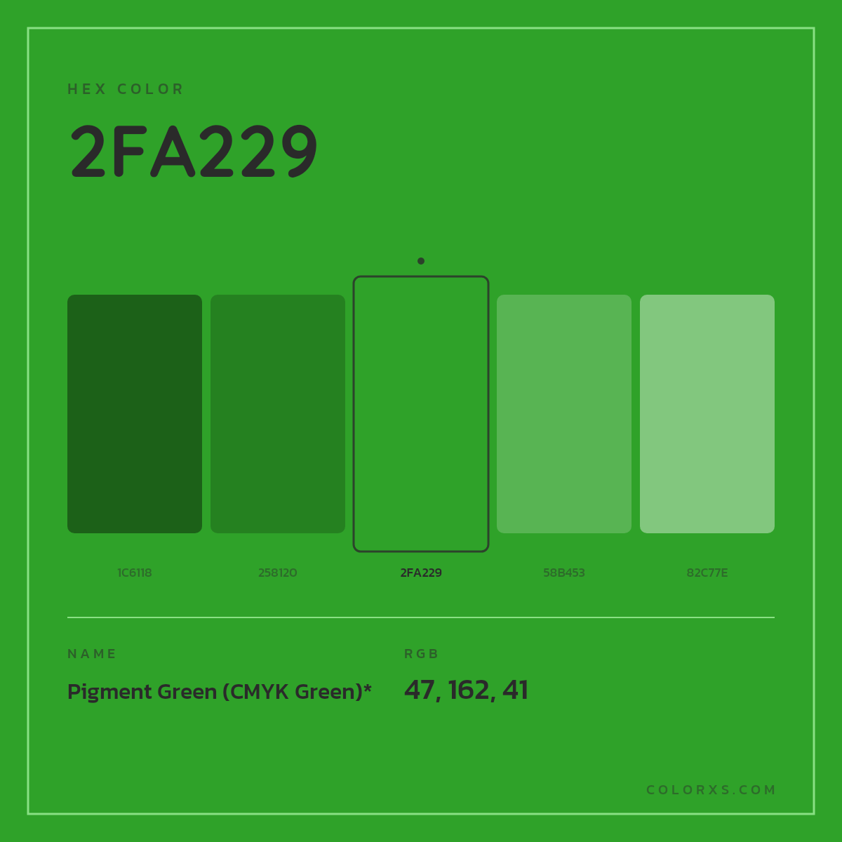 #2FA229 hex color. RGB, RYB, CMYK, HSL, HSV codes and color conversions. Matching color names, palettes, paints.
