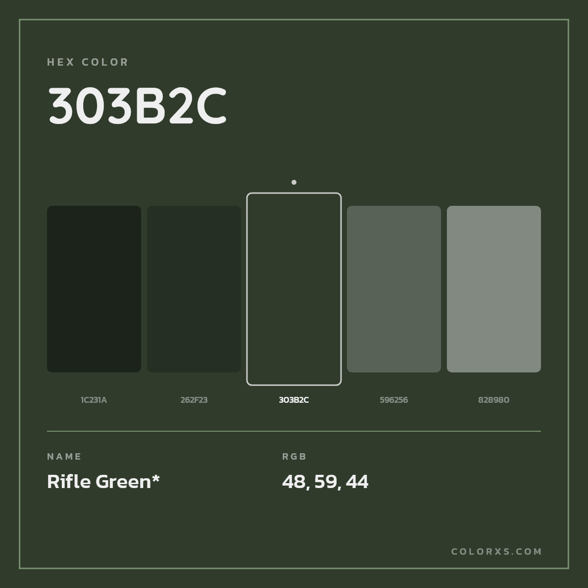 #303B2C hex color. RGB, RYB, CMYK, HSL, HSV codes and color conversions. Matching color names, palettes, paints.