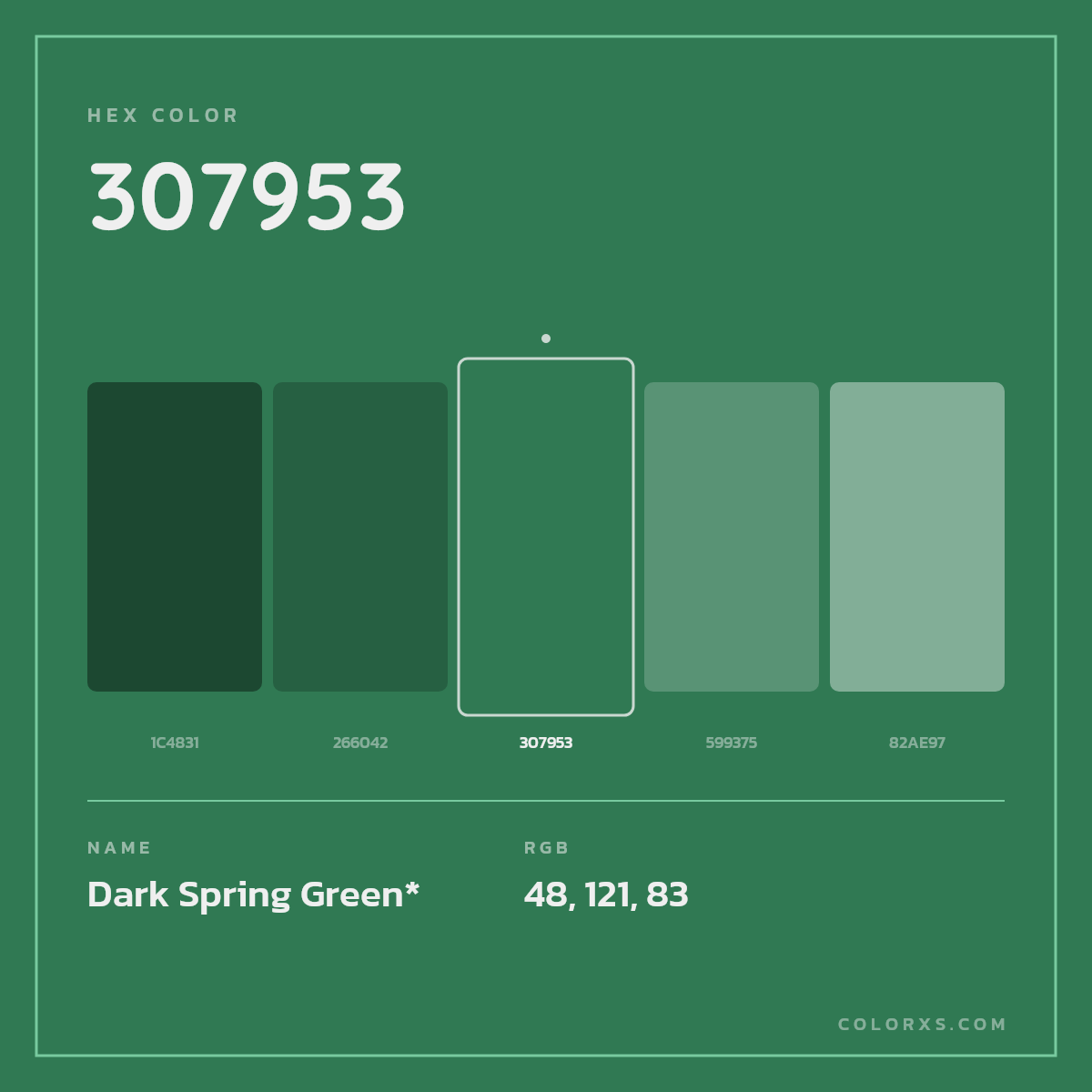 #307953 hex color. RGB, RYB, CMYK, HSL, HSV codes and color conversions. Matching color names, palettes, paints.