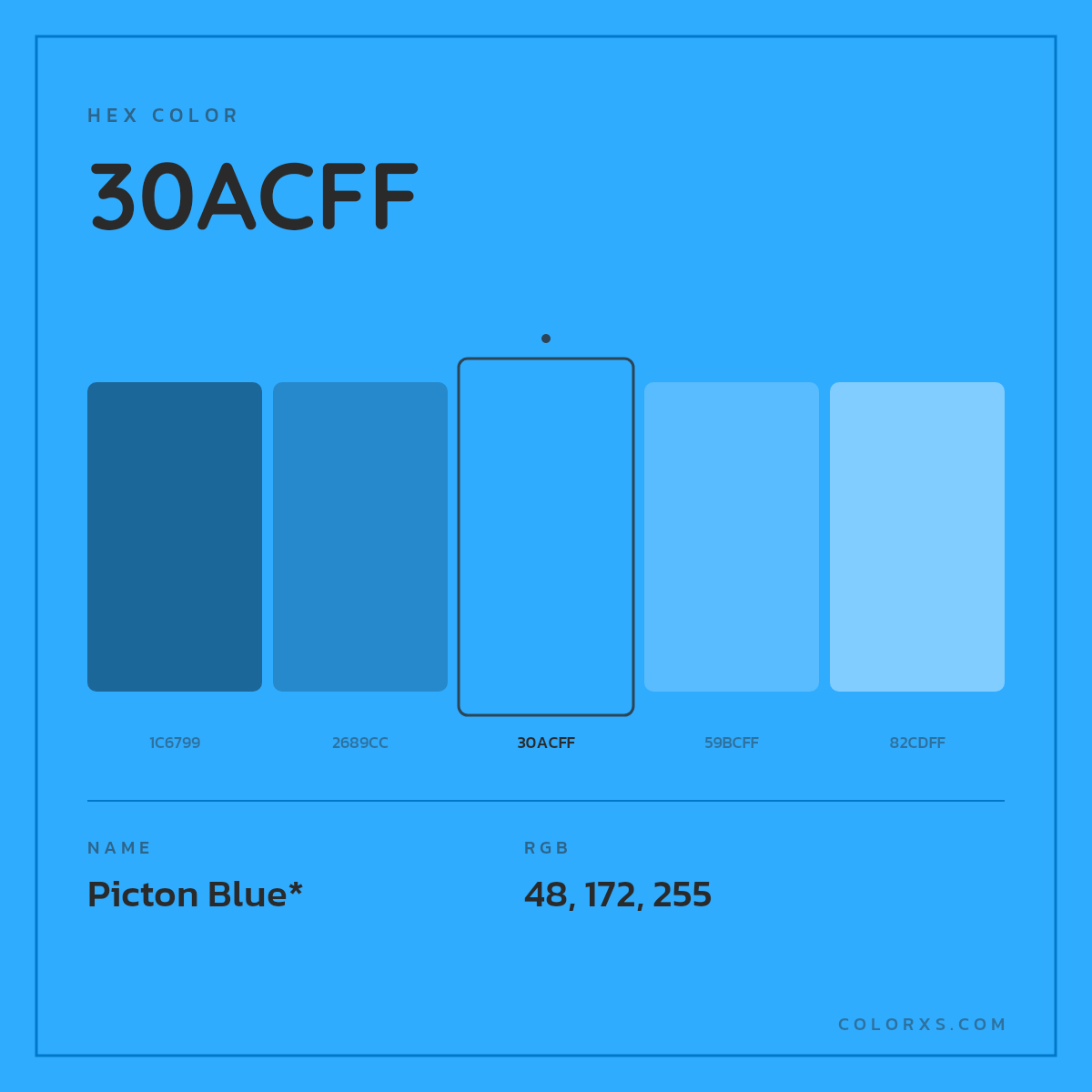#30ACFF hex color. RGB, RYB, CMYK, HSL, HSV codes and color conversions. Matching color names, palettes, paints.