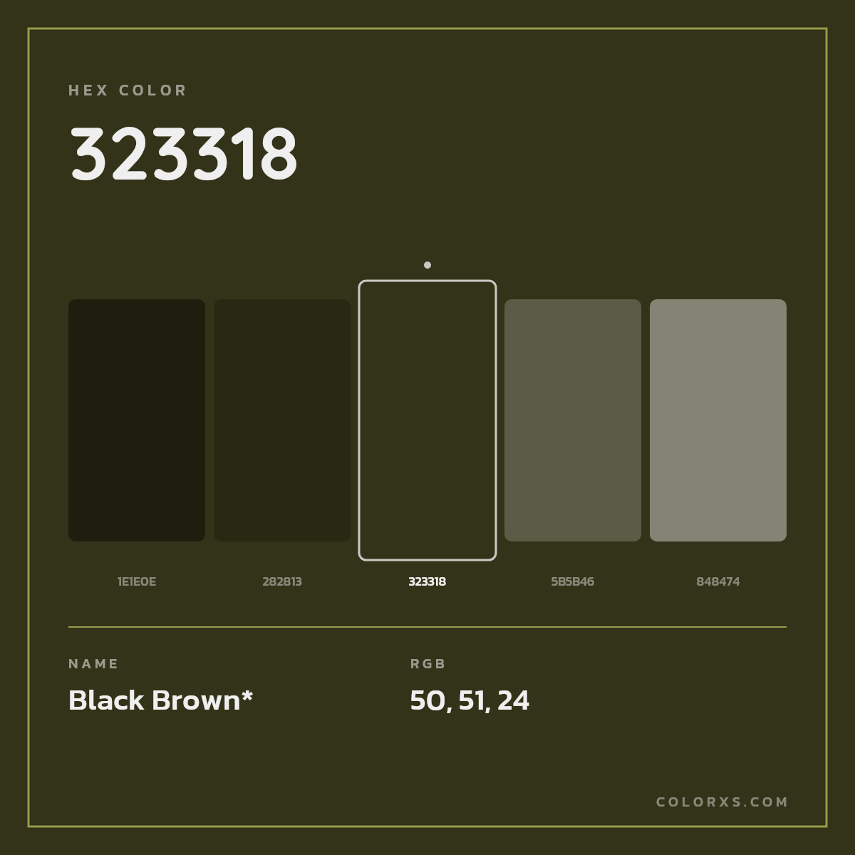 #323318 hex color. RGB, RYB, CMYK, HSL, HSV codes and color conversions. Matching color names, palettes, paints.