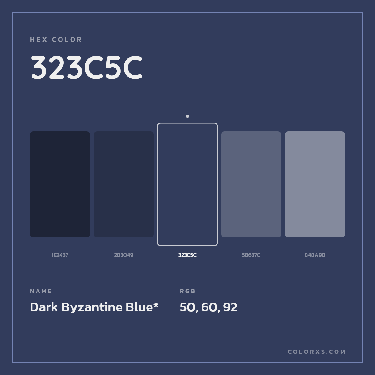 #323C5C hex color. RGB, RYB, CMYK, HSL, HSV codes and color conversions. Matching color names, palettes, paints.