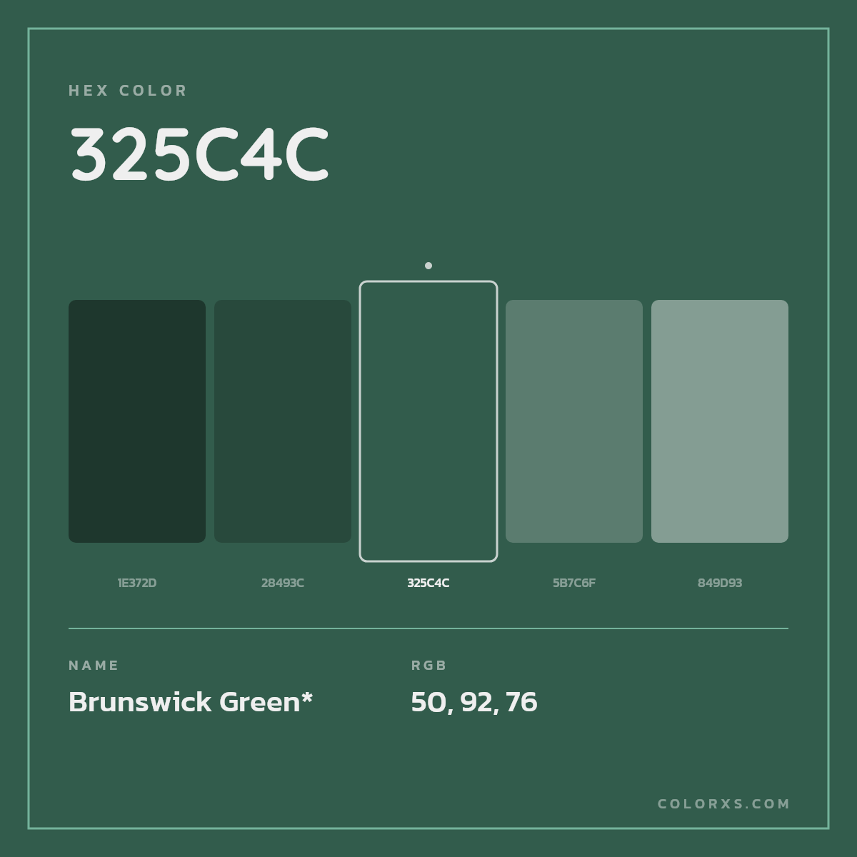 #325C4C hex color. RGB, RYB, CMYK, HSL, HSV codes and color conversions. Matching color names, palettes, paints.