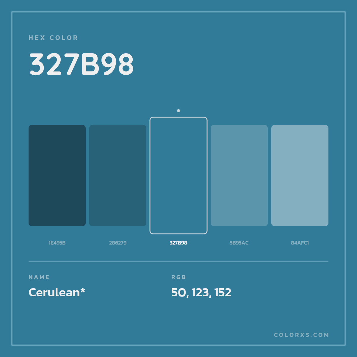 #327B98 hex color. RGB, RYB, CMYK, HSL, HSV codes and color conversions. Matching color names, palettes, paints.