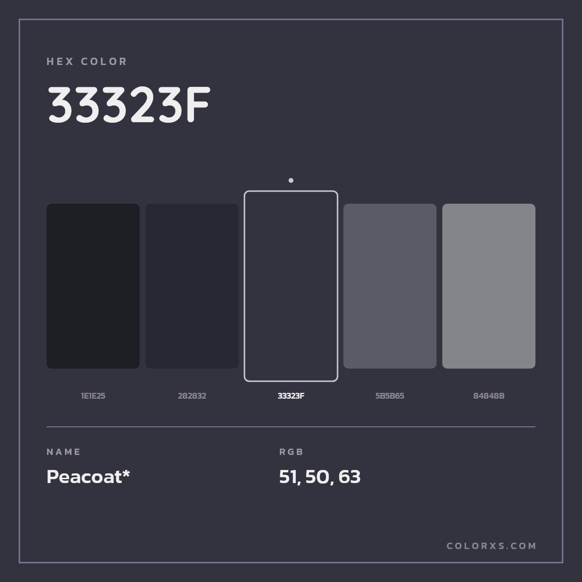#33323F hex color. RGB, RYB, CMYK, HSL, HSV codes and color conversions. Matching color names, palettes, paints.