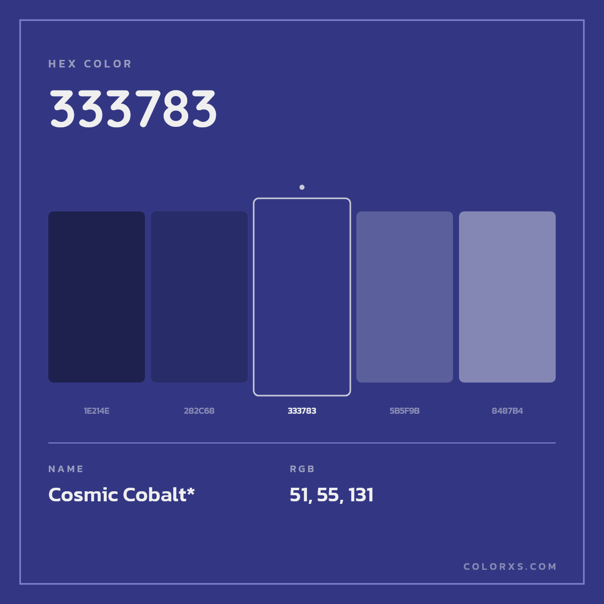 #333783 hex color. RGB, RYB, CMYK, HSL, HSV codes and color conversions. Matching color names, palettes, paints.