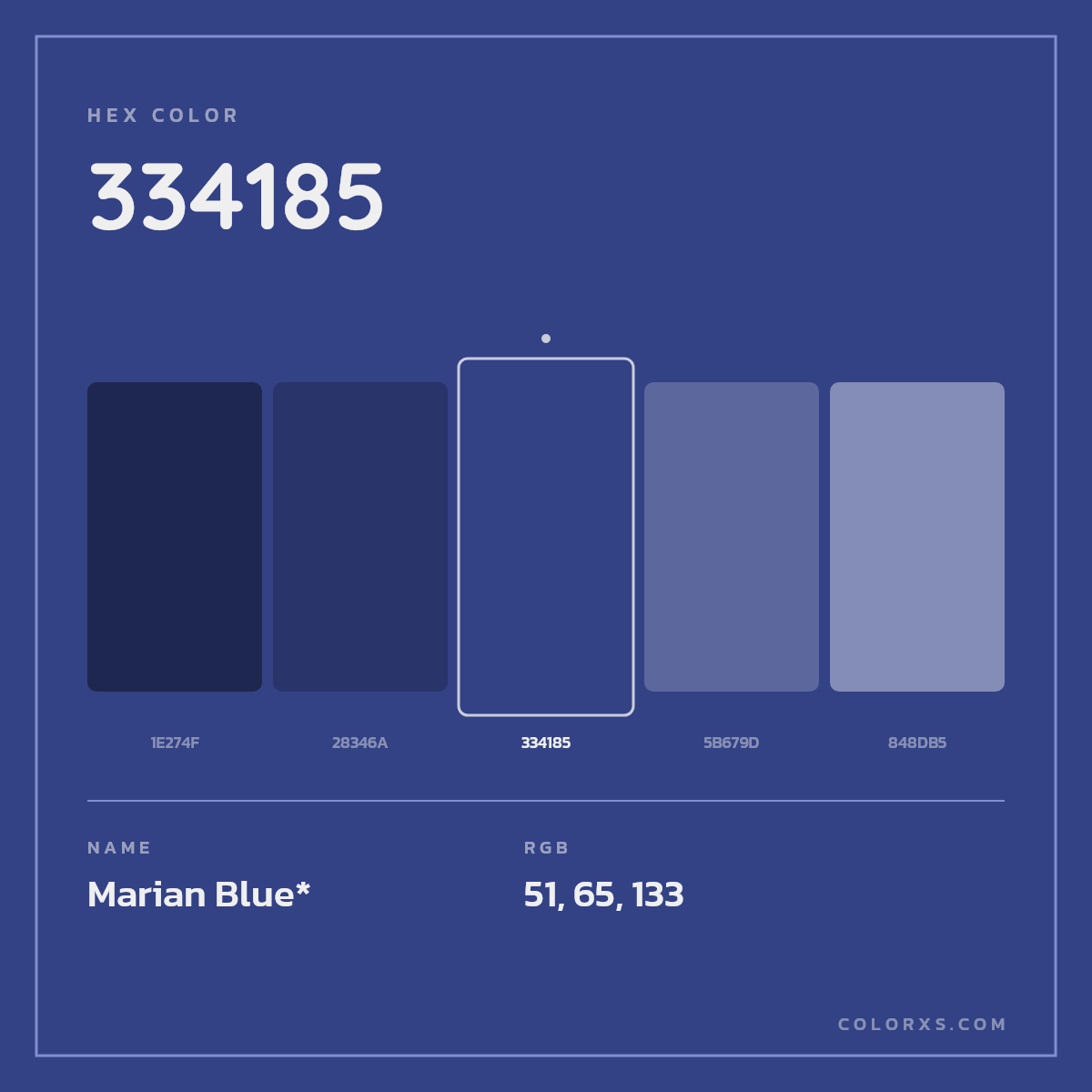 #334185 hex color. RGB, RYB, CMYK, HSL, HSV codes and color conversions. Matching color names, palettes, paints.